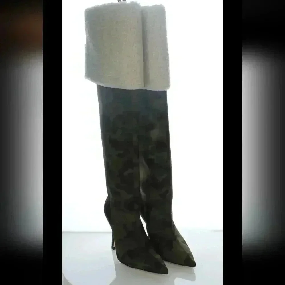 Good American Tall Boots Scuba Material Shearling Heeled Kick Stand Camo Green 7